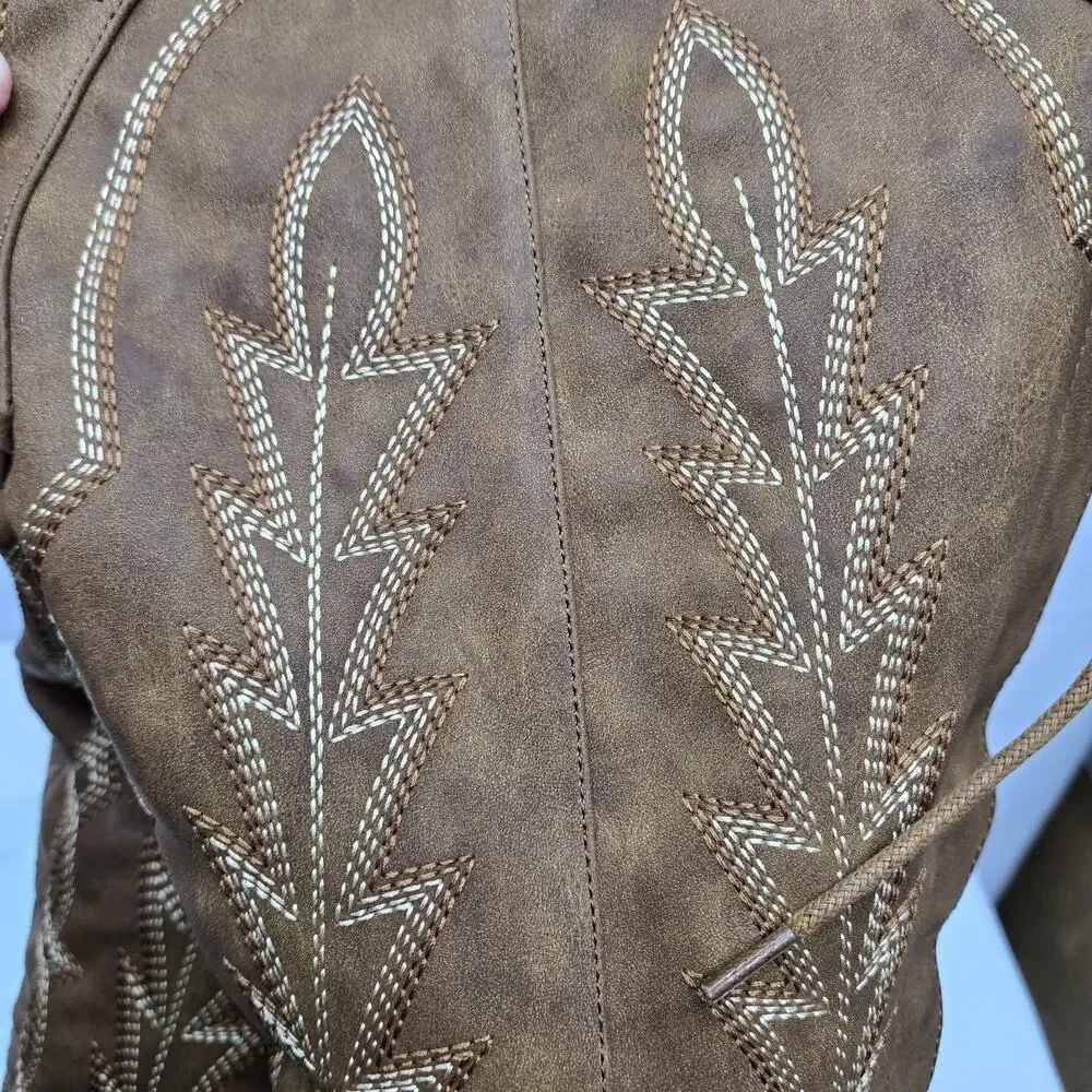 Brown Embroidered Thigh-High Over-the-Knee Cowboy Back Lace-Up Boots Size 6